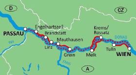 The Danube cycle path with boat & bike  - map